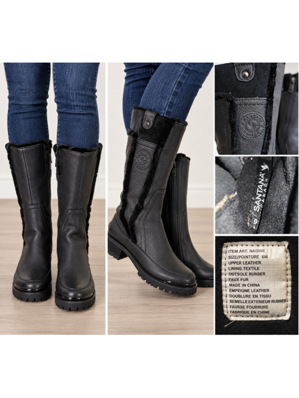 Santana Canada Nadine Black Leather Knee-High Winter Boots, 6M, Faux Fur Trim